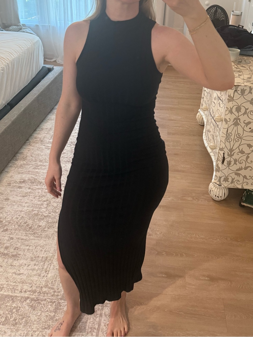 SHEIN Black Sleeveless Ribbed Midi Dress with Side Slit